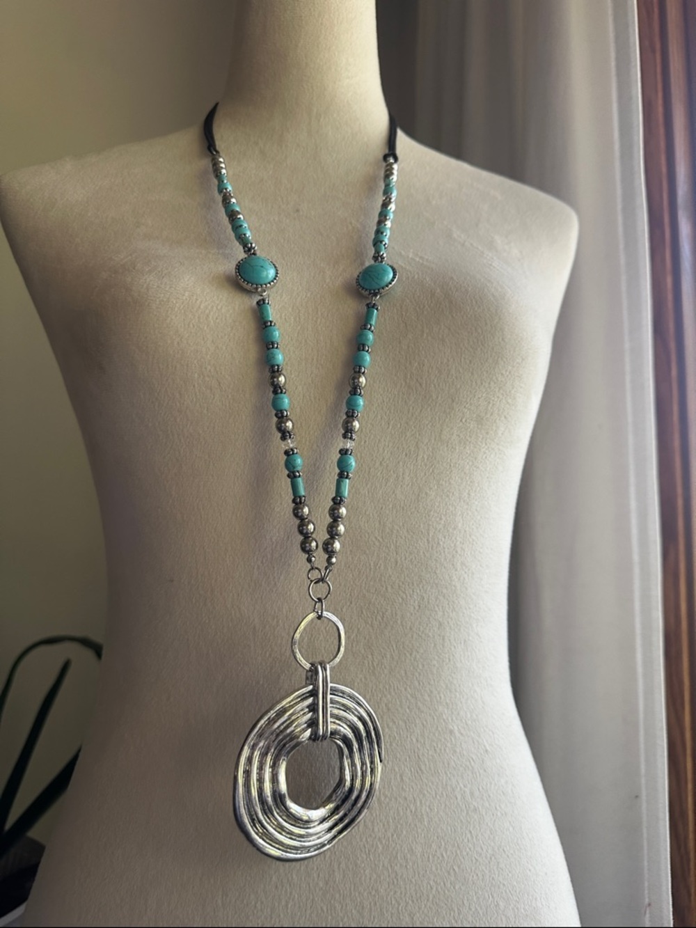 Natural Stone Bead & Silver Pendant Long Oversized Pendant Necklace